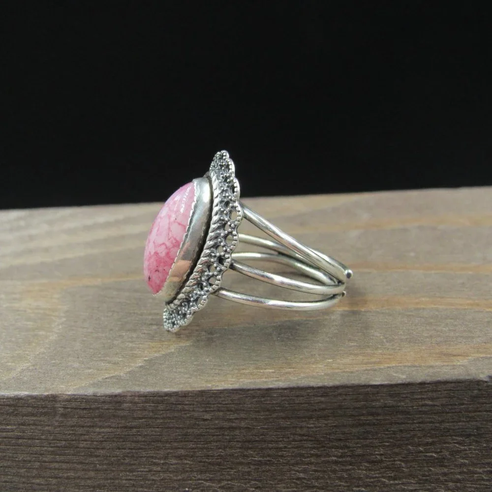 Size 5.75 Sterling Silver Ornate Pink White Stone Adjustable Band Ring Vintage - Picture 2 of 8